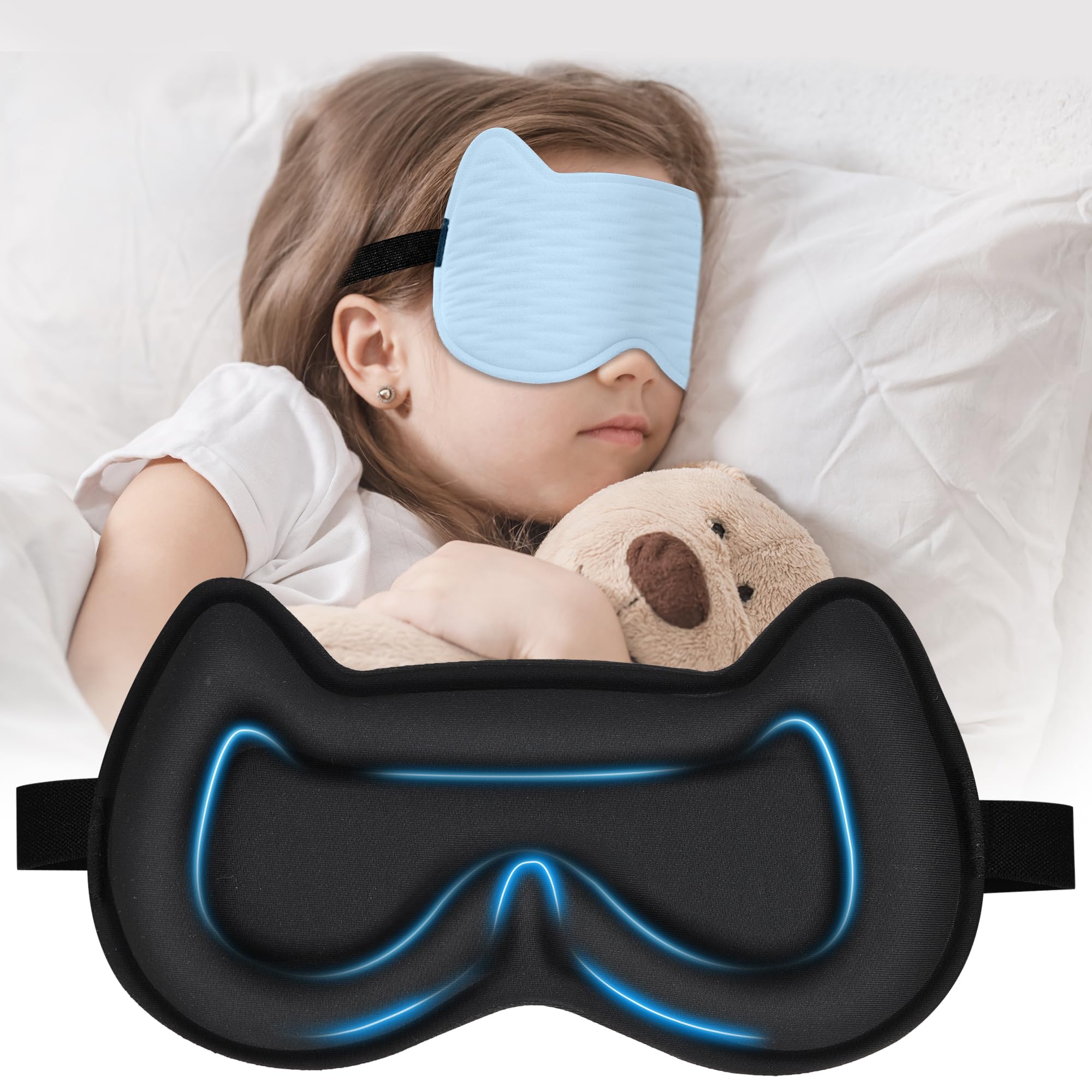 3D Cat Face Kids Sleep Mask | Contoured Memory Foam Eye Cover for Children Ages 5-15, Adjustable Strap, Soft Ice Silk Fabric, Light Blocking for Bedroom, Travel (Blue)